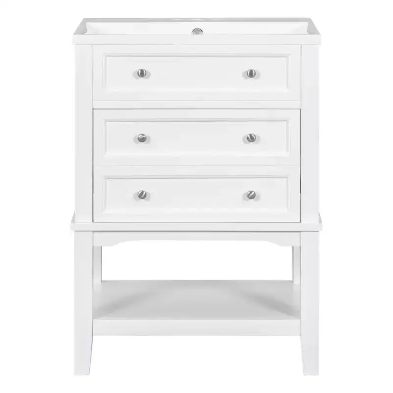 Mobiletto da bagno salvaspazio 24 pollici con lavabo, mobiletto da bagno in legno con cassetti e ripiano aperto, bianco