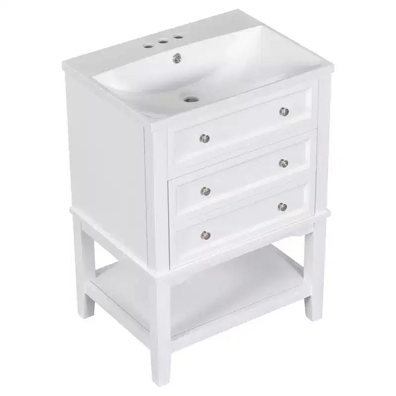 Mobiletto da bagno salvaspazio 24 pollici con lavabo, mobiletto da bagno in legno con cassetti e ripiano aperto, bianco