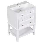Mobiletto da bagno salvaspazio 24 pollici con lavabo, mobiletto da bagno in legno con cassetti e ripiano aperto, bianco