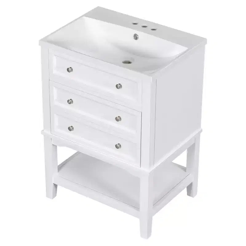 Mobiletto da bagno salvaspazio 24 pollici con lavabo, mobiletto da bagno in legno con cassetti e ripiano aperto, bianco