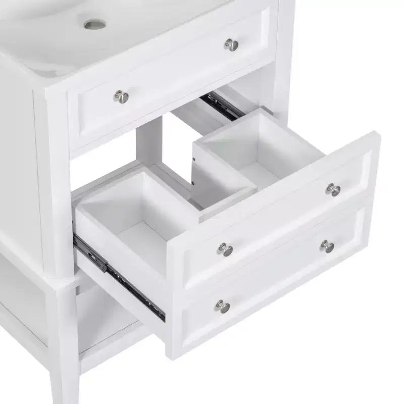 Mobiletto da bagno salvaspazio 24 pollici con lavabo, mobiletto da bagno in legno con cassetti e ripiano aperto, bianco