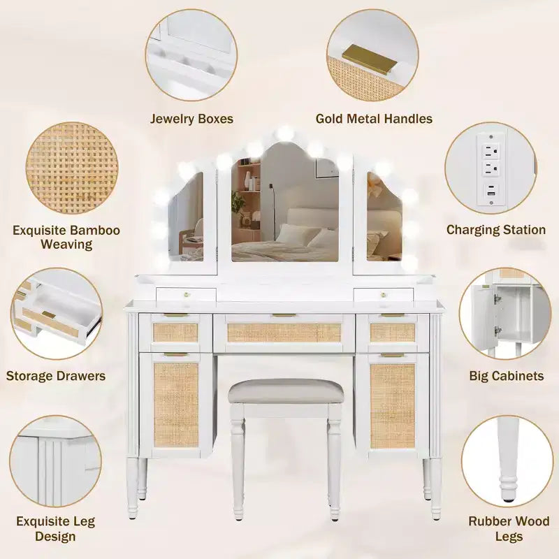 Toeletta da trucco Mobile da trucco Toeletta con 13 lampadine, specchio a tre ante, stazione di ricarica e cassetti portaoggetti, bianco - ModernLuxe