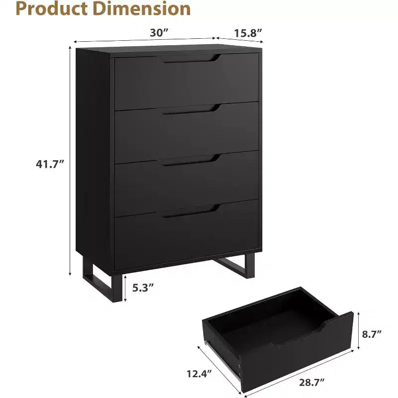 Comò alto a 4 cassetti, mobile contenitore verticale in legno da 105 cm con design autoportante per camera da letto, soggiorno, corridoio e ingresso, nero