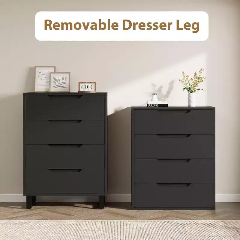 Comò alto a 4 cassetti, mobile contenitore verticale in legno da 105 cm con design autoportante per camera da letto, soggiorno, corridoio e ingresso, nero