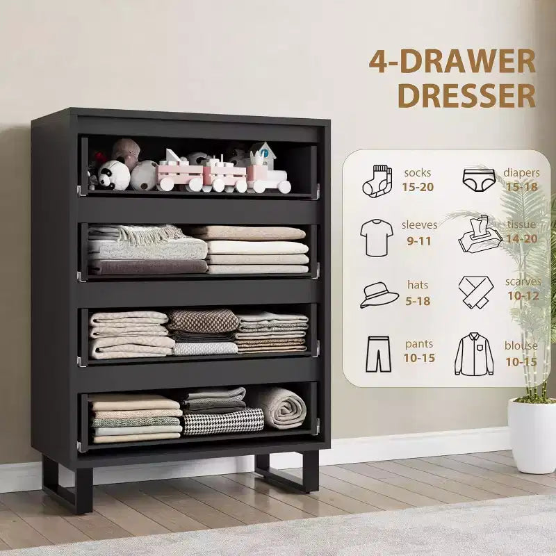 Comò alto a 4 cassetti, mobile contenitore verticale in legno da 105 cm con design autoportante per camera da letto, soggiorno, corridoio e ingresso, nero
