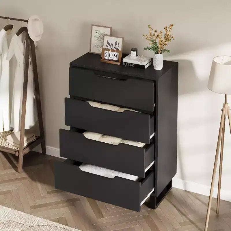 Comò alto a 4 cassetti, mobile contenitore verticale in legno da 105 cm con design autoportante per camera da letto, soggiorno, corridoio e ingresso, nero