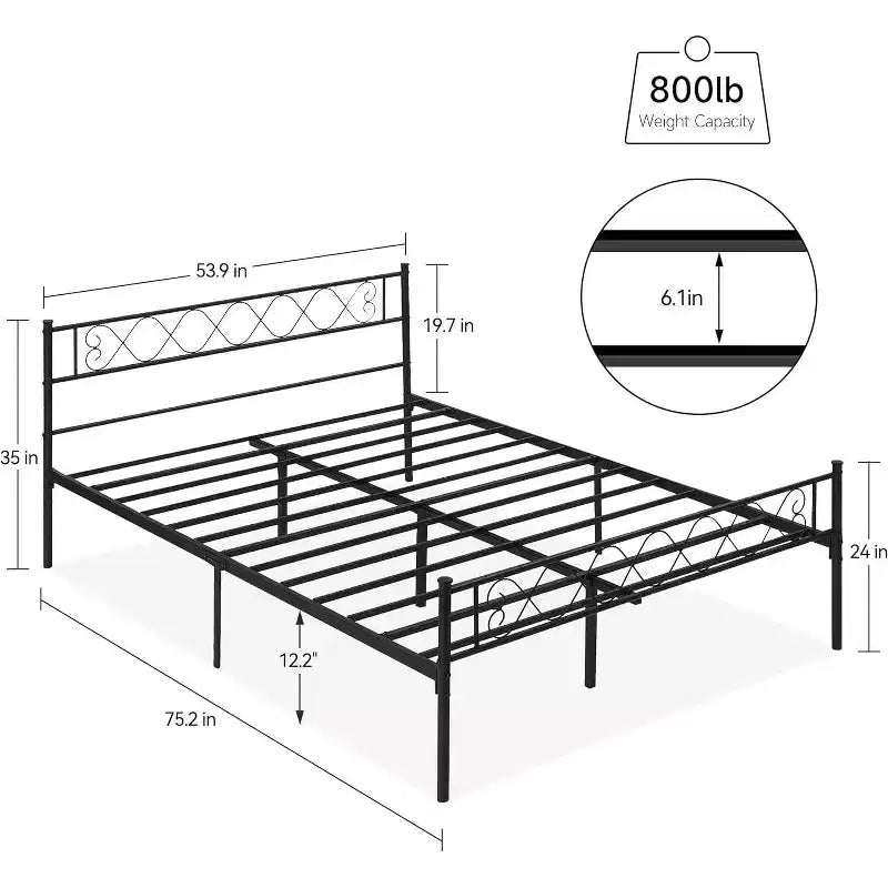Letto a piattaforma matrimoniale in metallo, con testiera, pediera e spazio contenitore, forte capacità di carico, non necessita di molle, facile da montare
