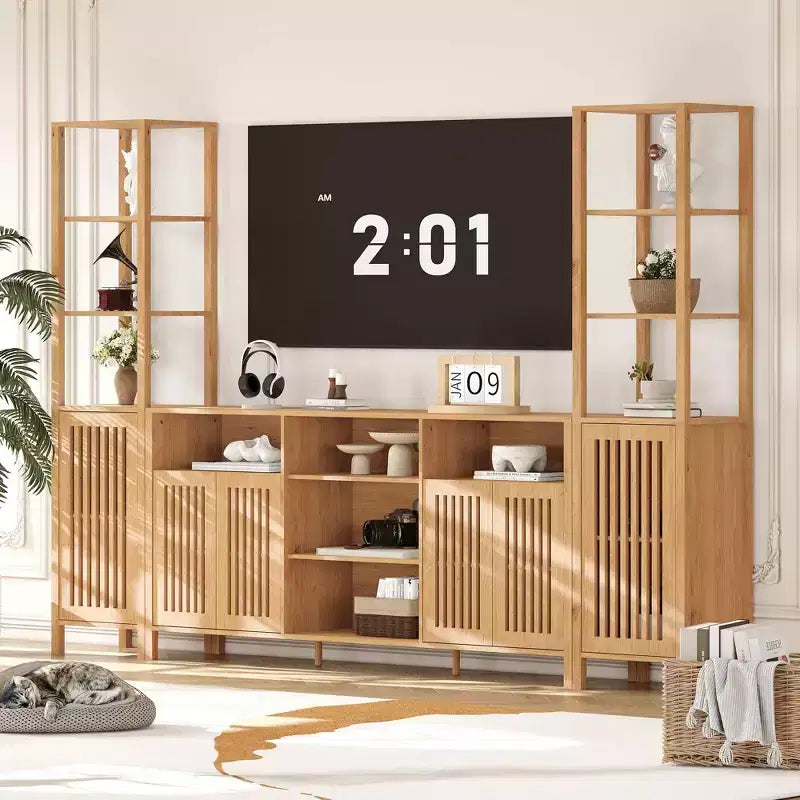 Entertainment Center with Bookshelves, Farmhouse TV Stand for 70 Inch TVs, TV Stands for Living Room w/Adjustable Shelves & Storage Cabinet