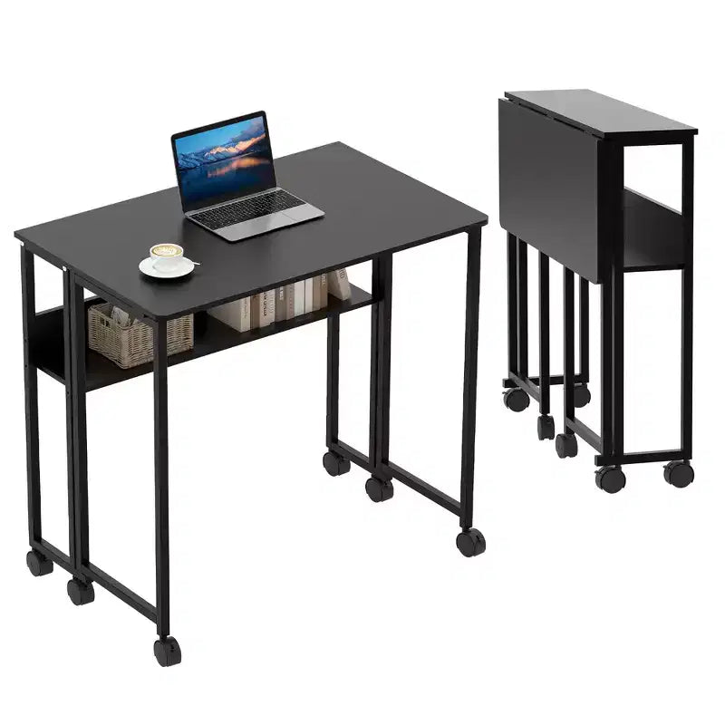 Small Folding Desk with Rolling and Storage Shelf, Foldable Computer Table with Wheels, Portable Office Desk for Small Space, Sofa Table