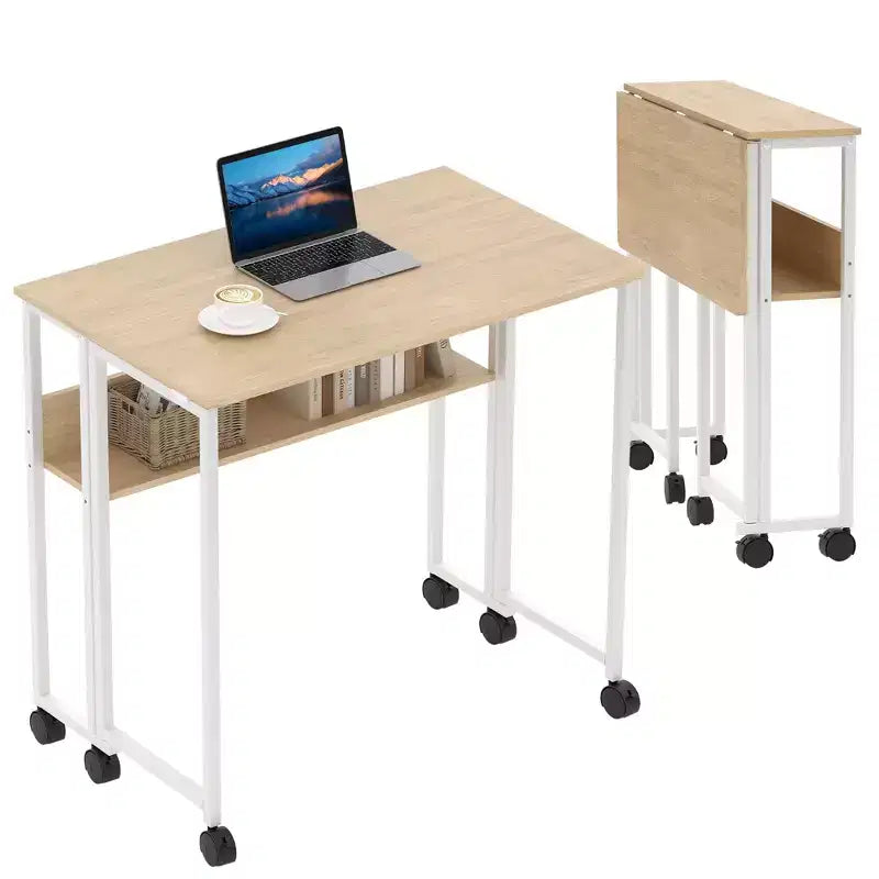 Piccola scrivania pieghevole con rotelle e ripiano portaoggetti, tavolo computer pieghevole con ruote, scrivania portatile per piccoli spazi, tavolino da divano