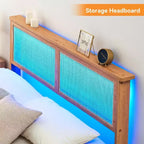 Struttura letto King Size in Rattan, Struttura letto matrimoniale in Rattan con Testiera Naturale, Luci a LED, Base in Legno con Doghe Silenziose, Nessuna necessità di Rete a Molle