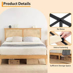 Struttura letto King Size in Rattan, Struttura letto matrimoniale in Rattan con Testiera Naturale, Luci a LED, Base in Legno con Doghe Silenziose, Nessuna necessità di Rete a Molle