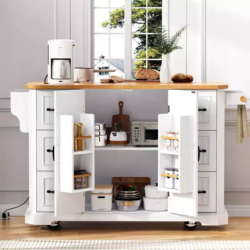 GDFStudio Agnes 56 Isola Cucina con Rotelle a Strisce Verticali Goffrate con Anta a Ribalta, Presa Elettrica e 6 Cassetti