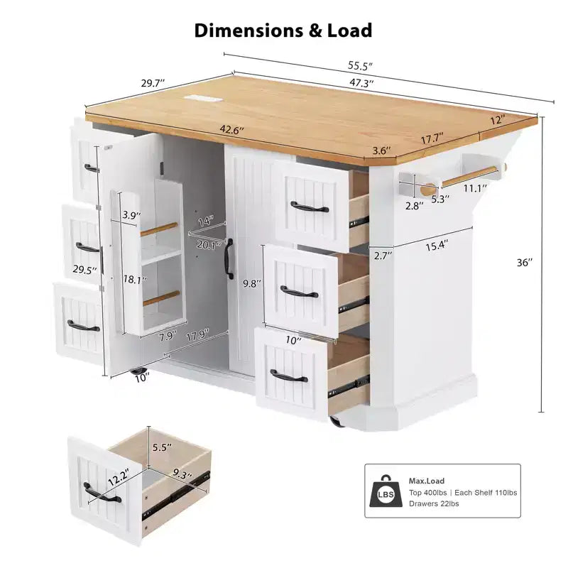 GDFStudio Agnes 56 Isola Cucina con Rotelle a Strisce Verticali Goffrate con Anta a Ribalta, Presa Elettrica e 6 Cassetti