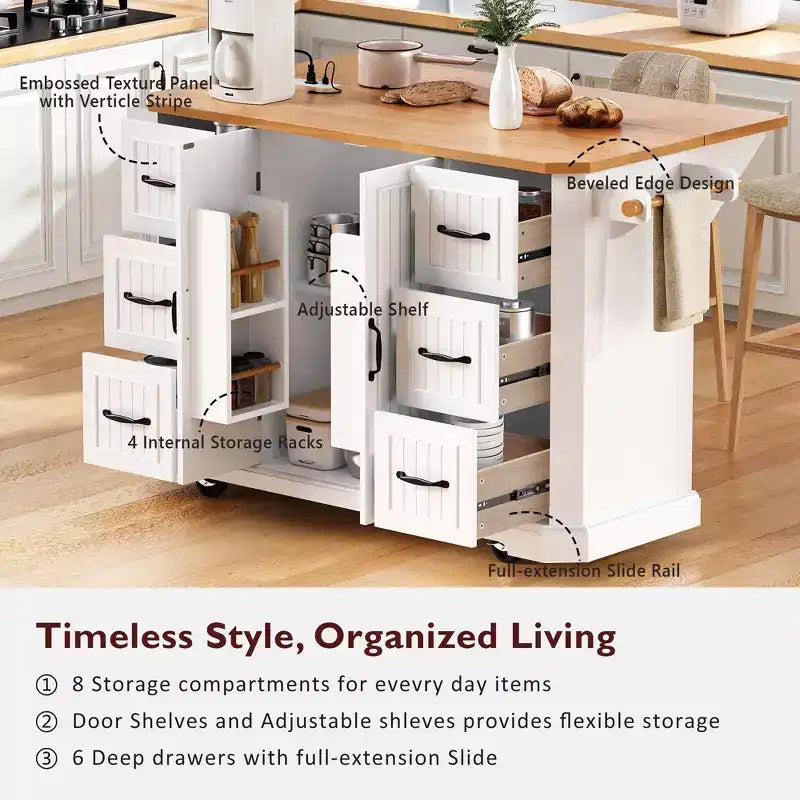 GDFStudio Agnes 56 Isola Cucina con Rotelle a Strisce Verticali Goffrate con Anta a Ribalta, Presa Elettrica e 6 Cassetti