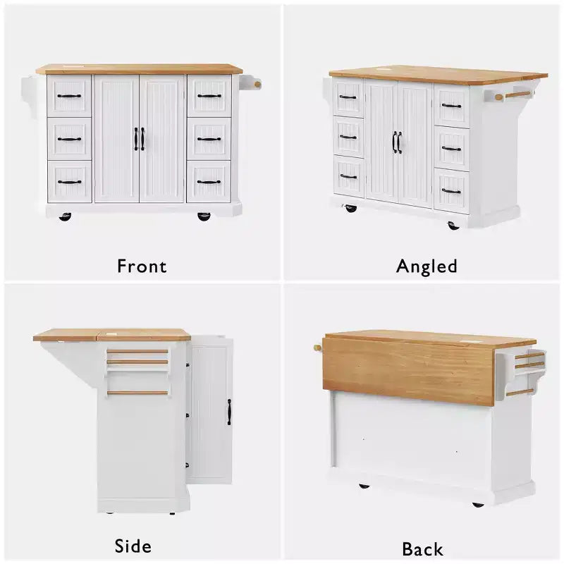 GDFStudio Agnes 56 Isola Cucina con Rotelle a Strisce Verticali Goffrate con Anta a Ribalta, Presa Elettrica e 6 Cassetti