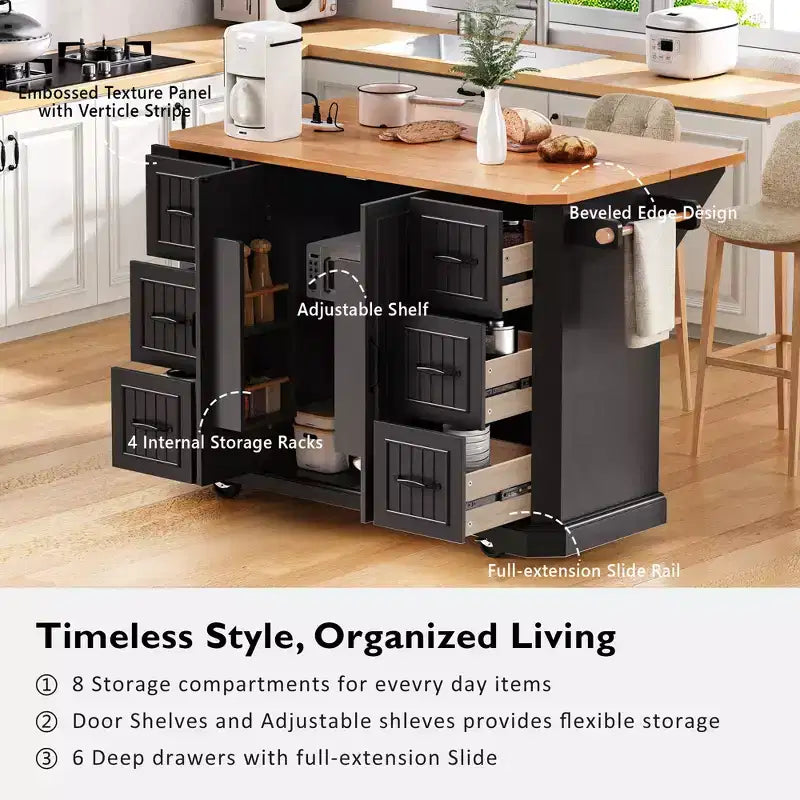 GDFStudio Agnes 56 Isola Cucina con Rotelle a Strisce Verticali Goffrate con Anta a Ribalta, Presa Elettrica e 6 Cassetti