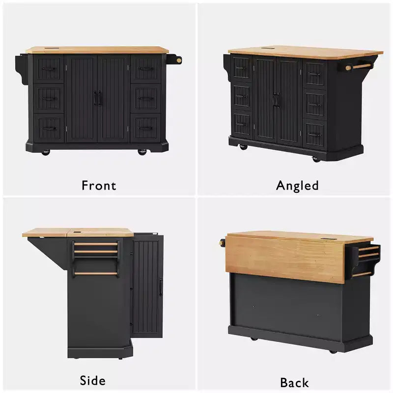 GDFStudio Agnes 56 Isola Cucina con Rotelle a Strisce Verticali Goffrate con Anta a Ribalta, Presa Elettrica e 6 Cassetti
