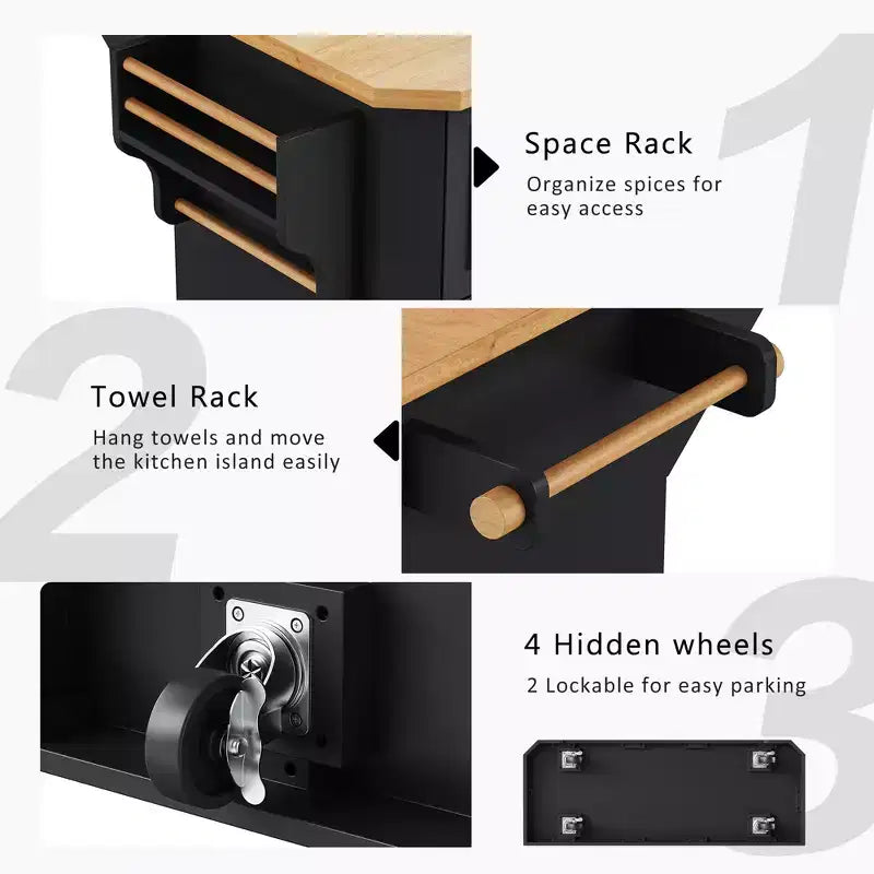 GDFStudio Agnes 56 Isola Cucina con Rotelle a Strisce Verticali Goffrate con Anta a Ribalta, Presa Elettrica e 6 Cassetti