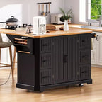 GDFStudio Agnes 56 Embossed Vertical Stripe Rolling Kitchen Island with Drop Leaf, Power Outlet and 6 Drawers