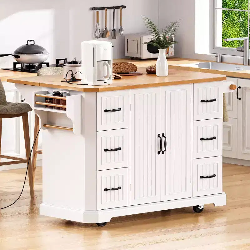 GDFStudio Agnes 56 Isola Cucina con Rotelle a Strisce Verticali Goffrate con Anta a Ribalta, Presa Elettrica e 6 Cassetti