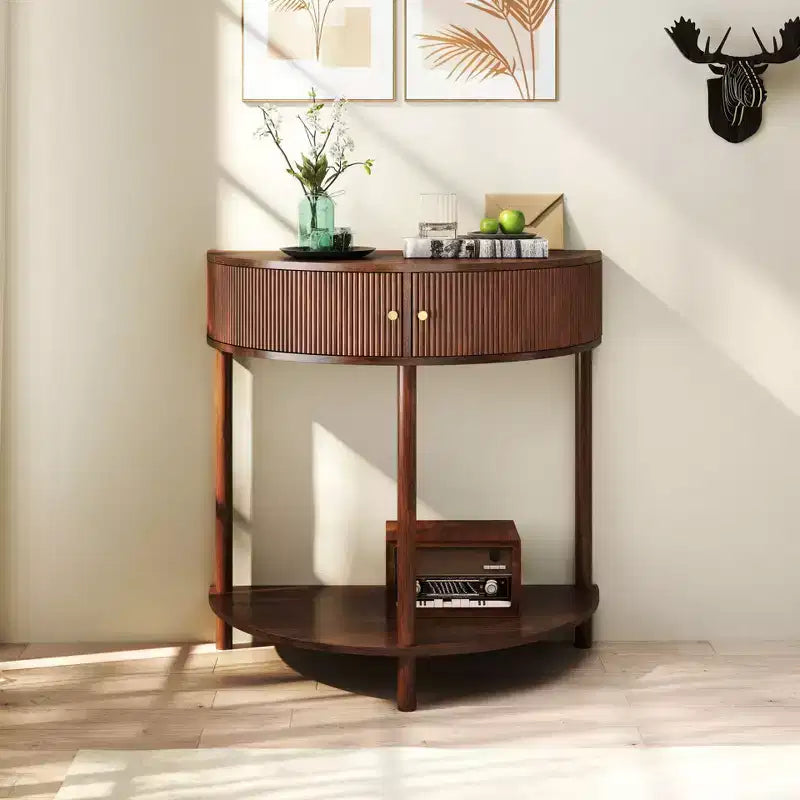 Okak Moderno Unico Tavolo Consolle a Mezza Luna con Anta Scorrevole in Rattan, Tavolino Laterale Comodino per Camera da Letto, Soggiorno