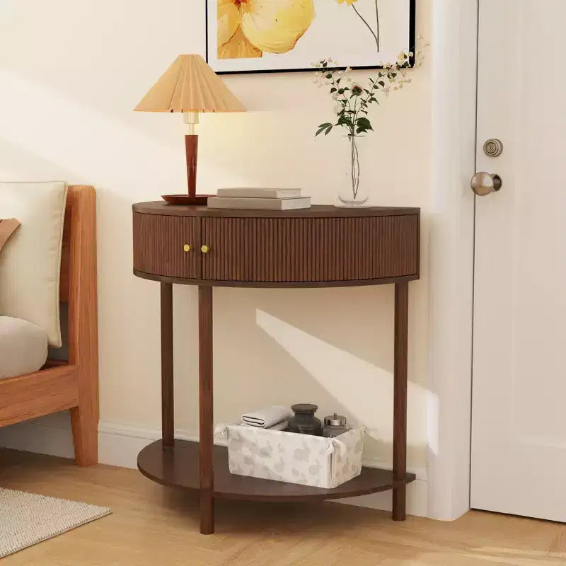 Okak Moderno Unico Tavolo Consolle a Mezza Luna con Anta Scorrevole in Rattan, Tavolino Laterale Comodino per Camera da Letto, Soggiorno