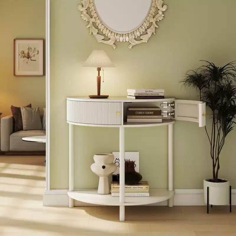 Okak Moderno Unico Tavolo Consolle a Mezza Luna con Anta Scorrevole in Rattan, Tavolino Laterale Comodino per Camera da Letto, Soggiorno