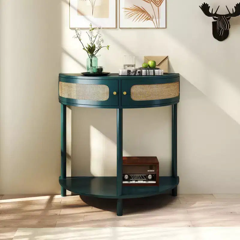 Okak Moderno Unico Tavolo Consolle a Mezza Luna con Anta Scorrevole in Rattan, Tavolino Laterale Comodino per Camera da Letto, Soggiorno
