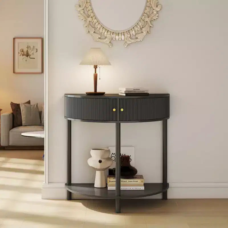 Okak Moderno Unico Tavolo Consolle a Mezza Luna con Anta Scorrevole in Rattan, Tavolino Laterale Comodino per Camera da Letto, Soggiorno