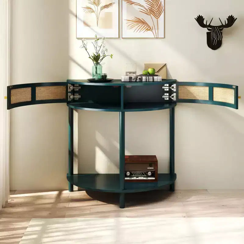 Okak Moderno Unico Tavolo Consolle a Mezza Luna con Anta Scorrevole in Rattan, Tavolino Laterale Comodino per Camera da Letto, Soggiorno