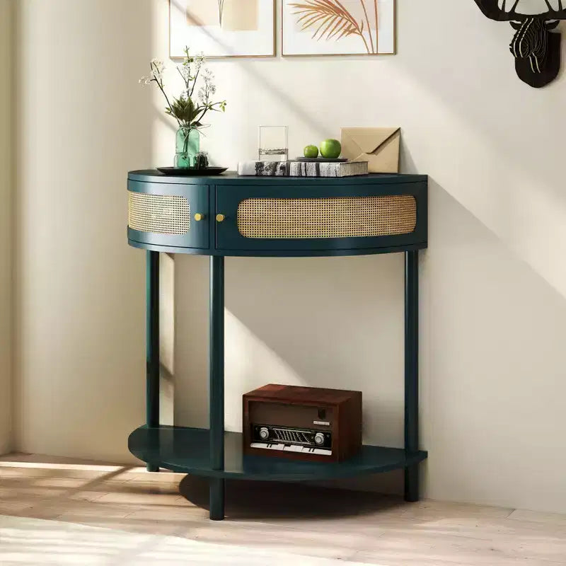 Okak Moderno Unico Tavolo Consolle a Mezza Luna con Anta Scorrevole in Rattan, Tavolino Laterale Comodino per Camera da Letto, Soggiorno
