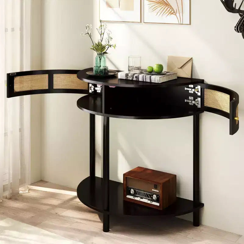 Okak Moderno Unico Tavolo Consolle a Mezza Luna con Anta Scorrevole in Rattan, Tavolino Laterale Comodino per Camera da Letto, Soggiorno