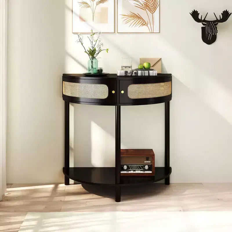 Okak Moderno Unico Tavolo Consolle a Mezza Luna con Anta Scorrevole in Rattan, Tavolino Laterale Comodino per Camera da Letto, Soggiorno