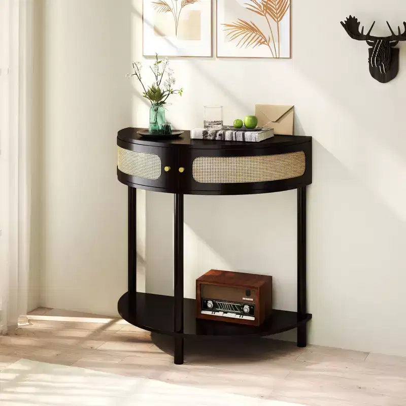 Okak Moderno Unico Tavolo Consolle a Mezza Luna con Anta Scorrevole in Rattan, Tavolino Laterale Comodino per Camera da Letto, Soggiorno