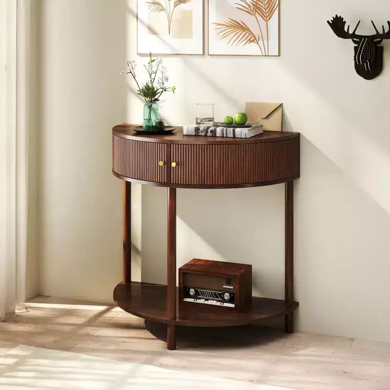 Okak Moderno Unico Tavolo Consolle a Mezza Luna con Anta Scorrevole in Rattan, Tavolino Laterale Comodino per Camera da Letto, Soggiorno