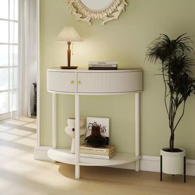 Okak Moderno Unico Tavolo Consolle a Mezza Luna con Anta Scorrevole in Rattan, Tavolino Laterale Comodino per Camera da Letto, Soggiorno