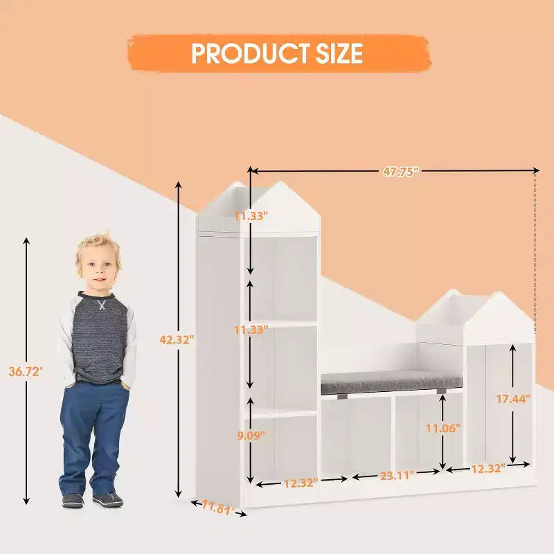 Libreria per bambini, Scaffale per bambini con 6 scomparti, Organizzatore per giocattoli, Cuscino per seduta, Panca contenitore in legno per camera da letto, soggiorno, ufficio