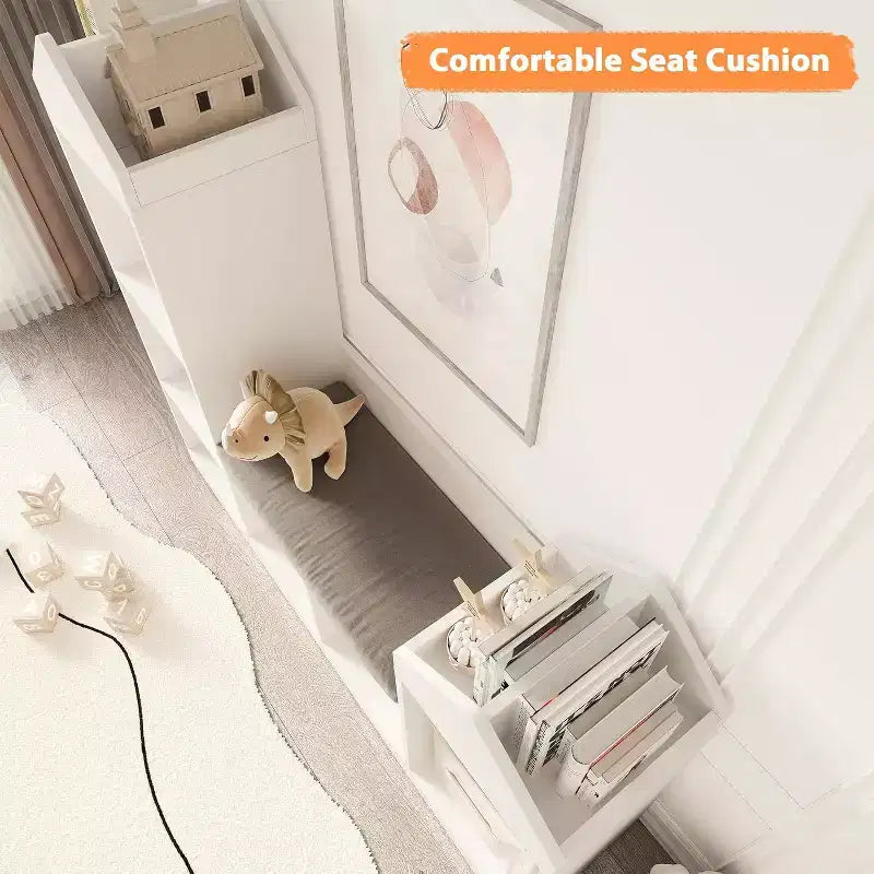 Libreria per bambini, Scaffale per bambini con 6 scomparti, Organizzatore per giocattoli, Cuscino per seduta, Panca contenitore in legno per camera da letto, soggiorno, ufficio
