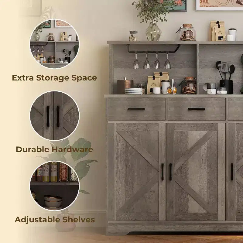 Credenza da masseria con porta microonde, armadietto contenitore con cassetti e ripiani, mobile bar con vetrina