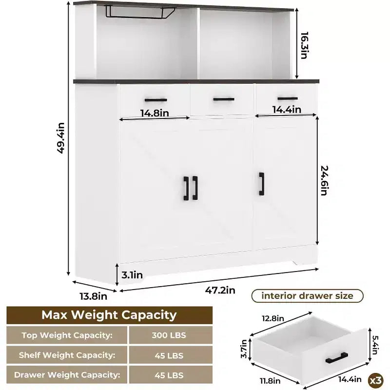 Credenza da masseria con porta microonde, armadietto contenitore con cassetti e ripiani, mobile bar con vetrina