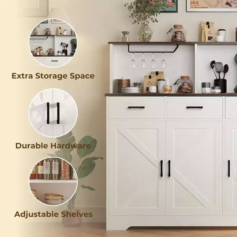Credenza da masseria con porta microonde, armadietto contenitore con cassetti e ripiani, mobile bar con vetrina