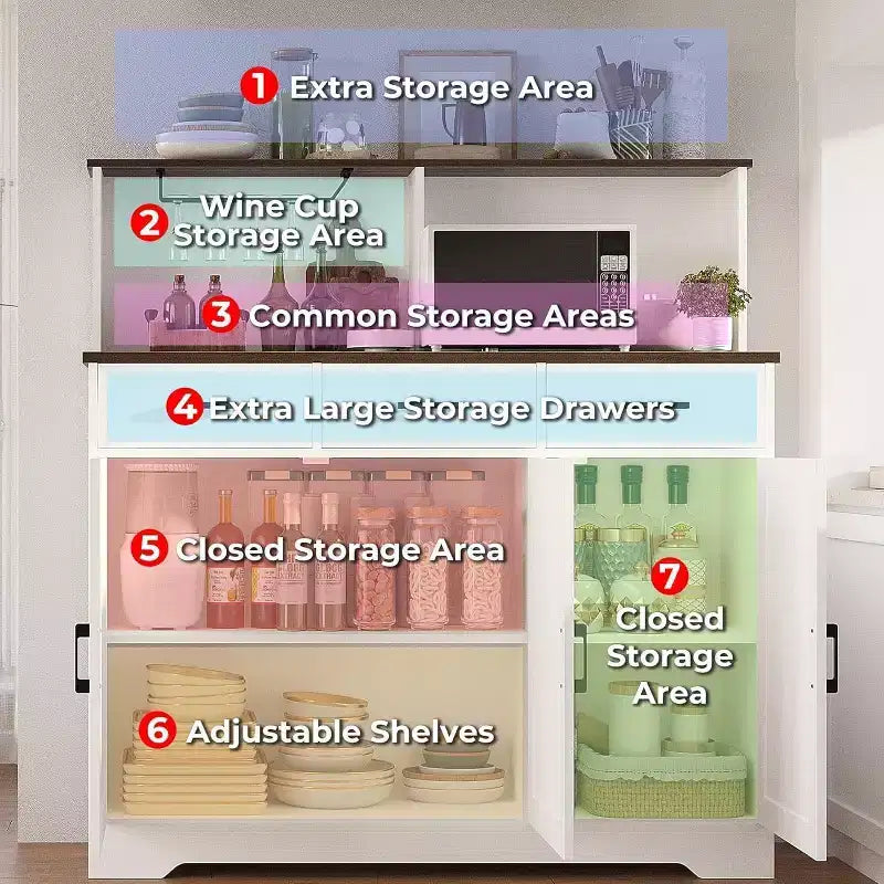 Credenza da masseria con porta microonde, armadietto contenitore con cassetti e ripiani, mobile bar con vetrina
