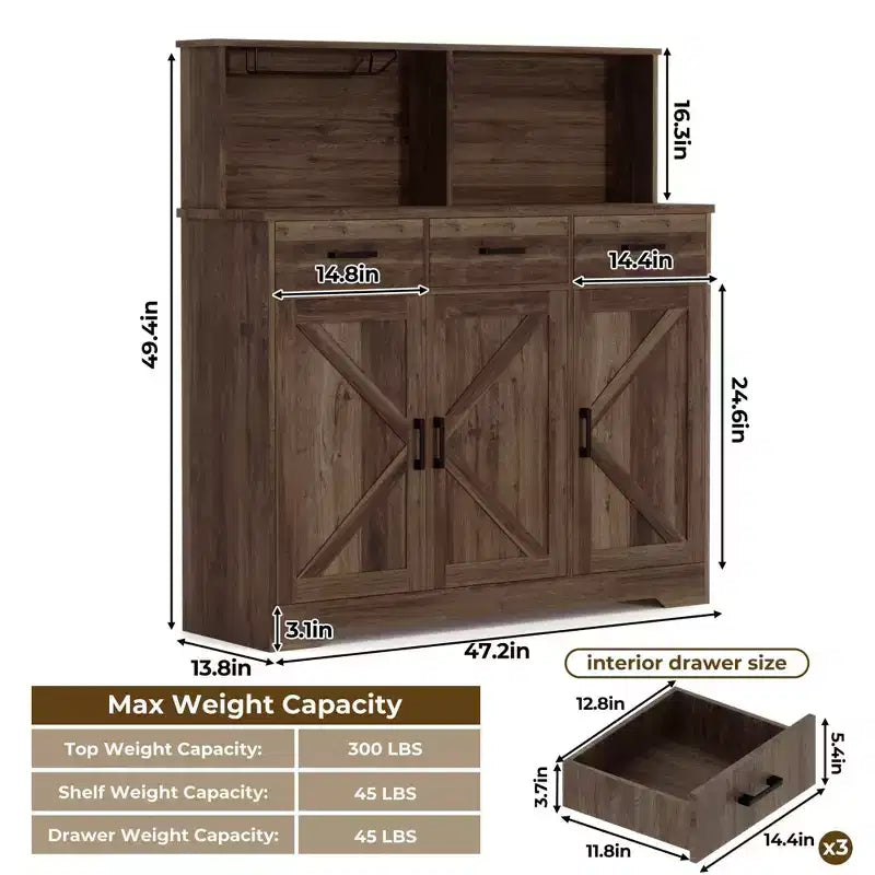 Credenza da masseria con porta microonde, armadietto contenitore con cassetti e ripiani, mobile bar con vetrina