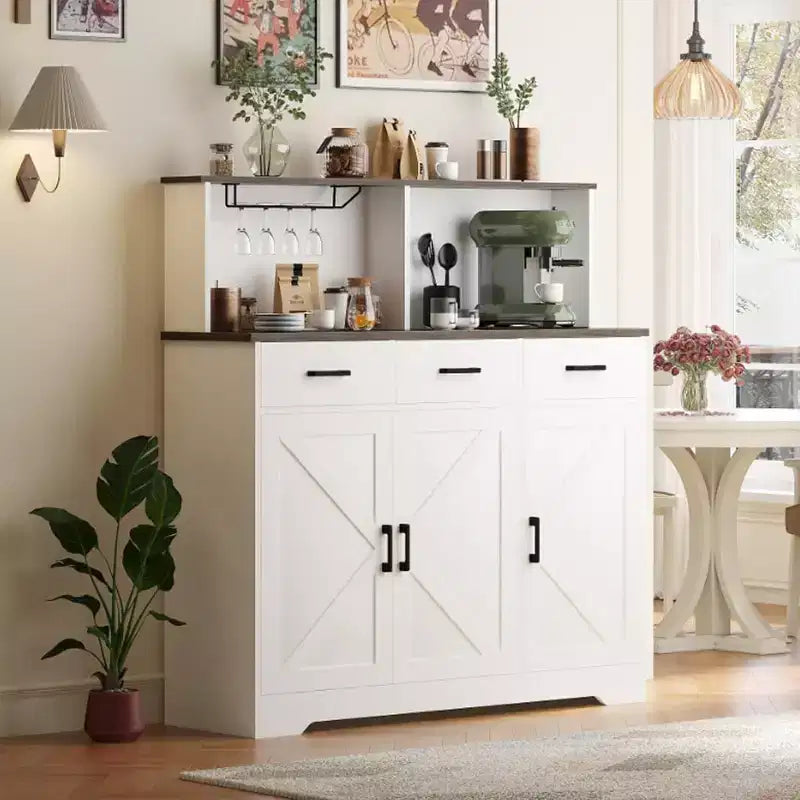 Credenza da masseria con porta microonde, armadietto contenitore con cassetti e ripiani, mobile bar con vetrina