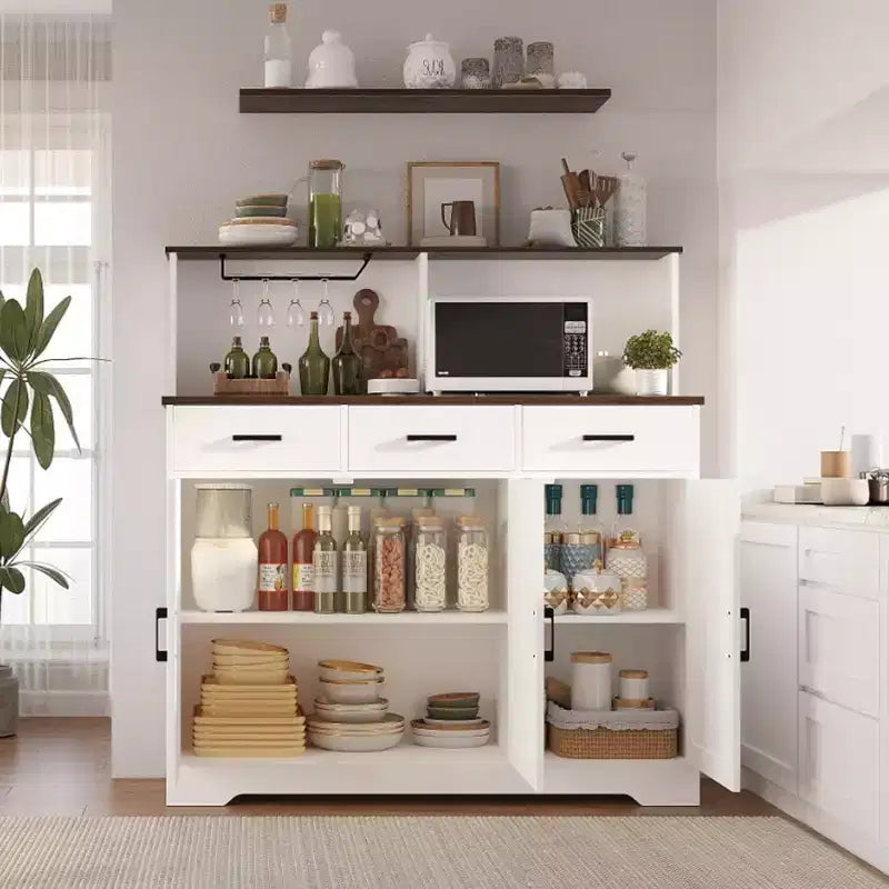 Credenza da masseria con porta microonde, armadietto contenitore con cassetti e ripiani, mobile bar con vetrina