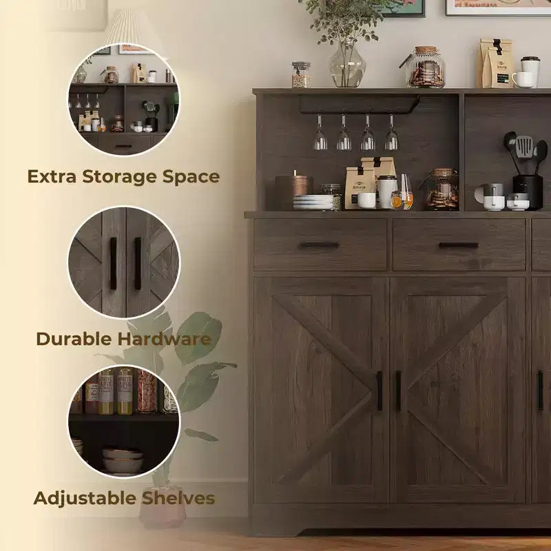 Credenza da masseria con porta microonde, armadietto contenitore con cassetti e ripiani, mobile bar con vetrina