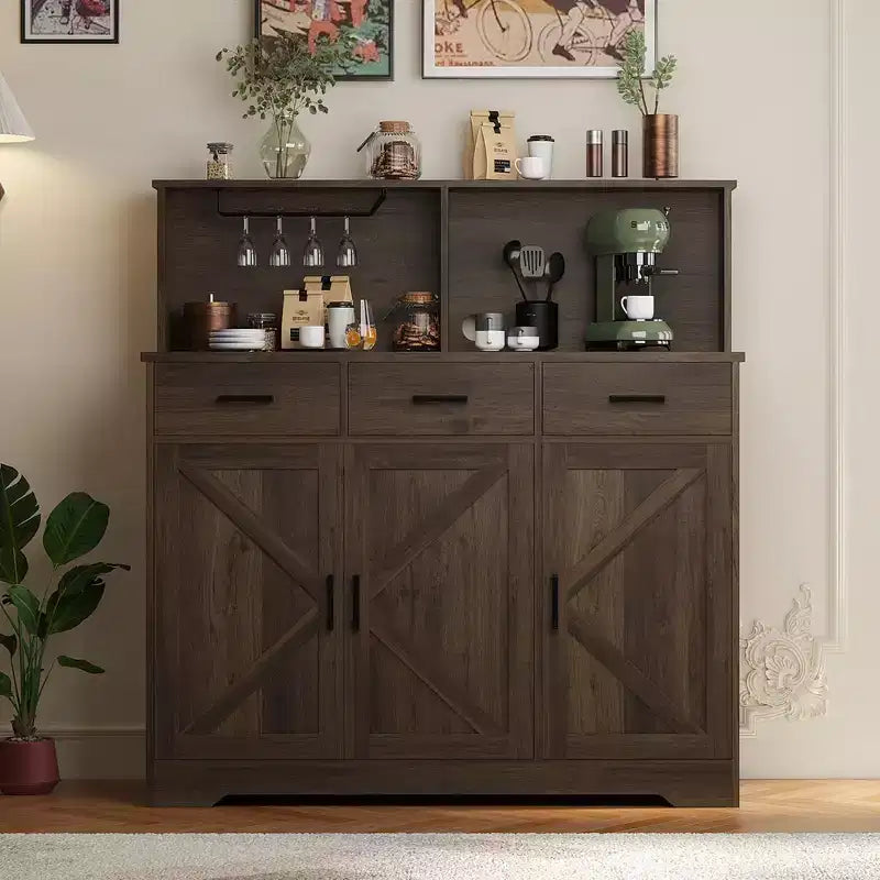 Credenza da masseria con porta microonde, armadietto contenitore con cassetti e ripiani, mobile bar con vetrina