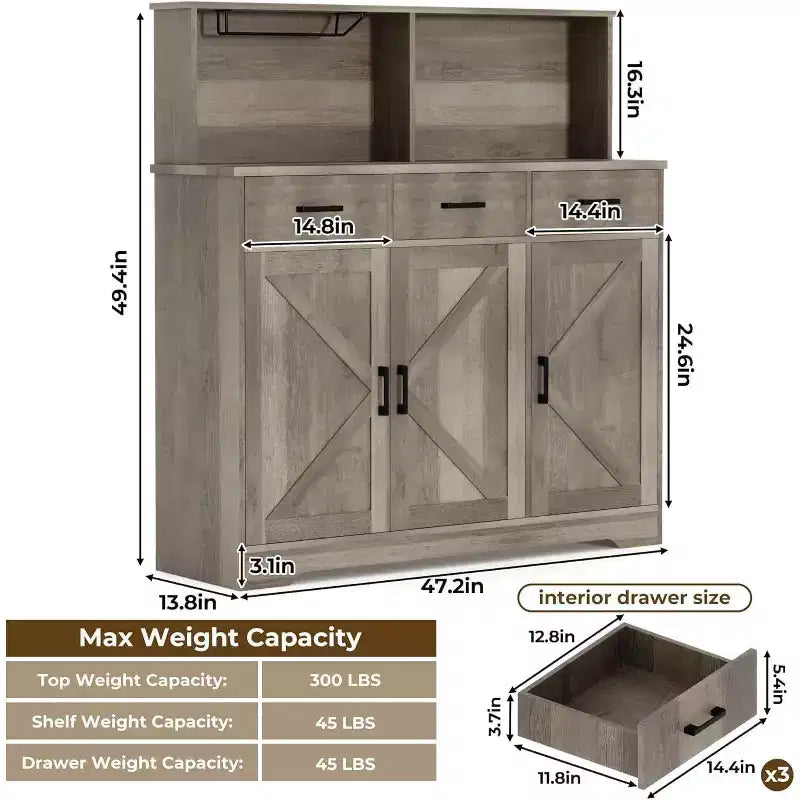 Credenza da masseria con porta microonde, armadietto contenitore con cassetti e ripiani, mobile bar con vetrina