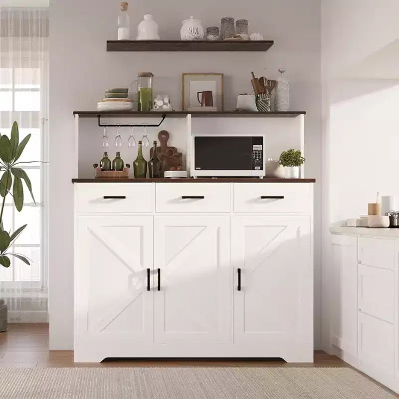 Credenza da masseria con porta microonde, armadietto contenitore con cassetti e ripiani, mobile bar con vetrina